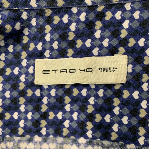 ETRO Size M Blue Gray Taupe Hearts Cotton Button Down Long Sleeve Shirt