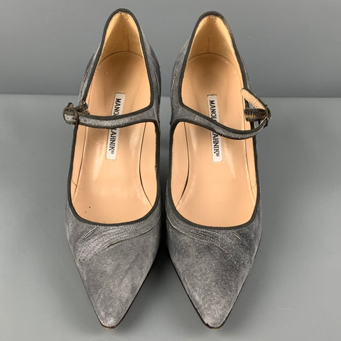 MANOLO BLAHNIK Size 7 Gray Suede Mary Jane Pumps