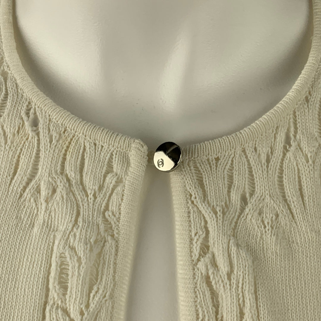 CHANEL Talla 8 Blusa de algodón texturizado de punto blanco