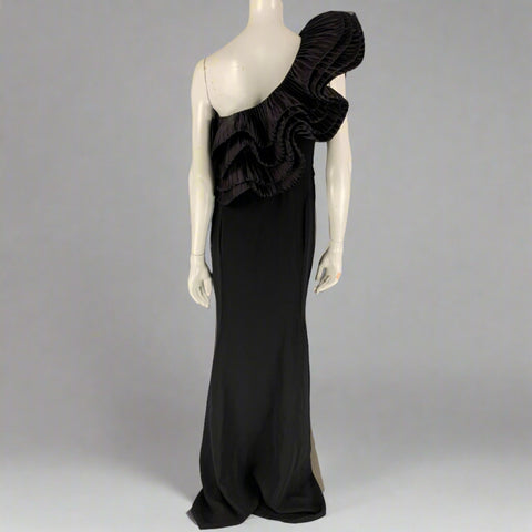 MARCHESA Taille M Robe en laine noire à volants et une épaule