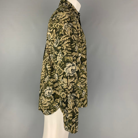 UNIS Size X-Small Green Olive Floral Cotton Long Sleeve Shirt