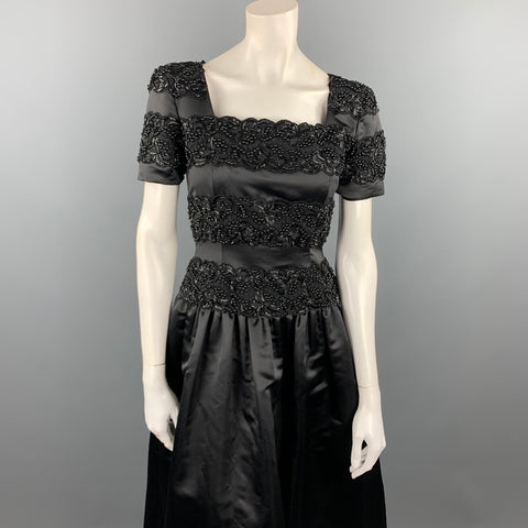 Vintage OSCAR DE LA RENTA Size 4 Black Beaded Satin Polyester Evening Gown