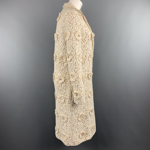 CHLOE Size 4 Cream Lace Faux Pearl Flower Notch Lapel Evening Coat