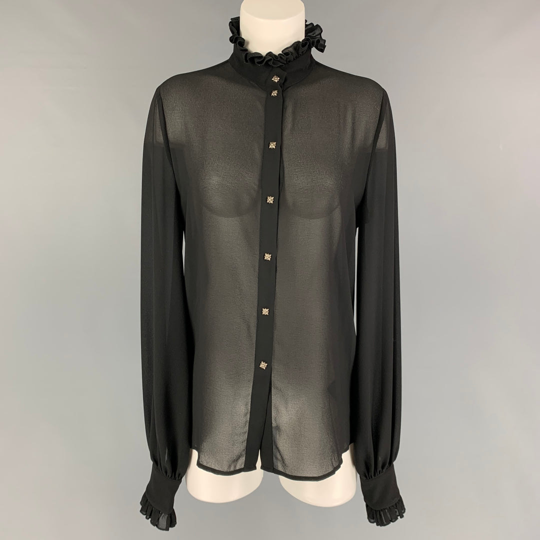JOHN RICHMOND Size 6 Black Polyester High Collar Blouse