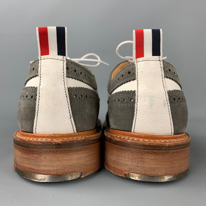 THOM BROWNE Talla 9.5 Zapatos con cordones y punta de ala de gamuza en dos tonos en gris y blanco