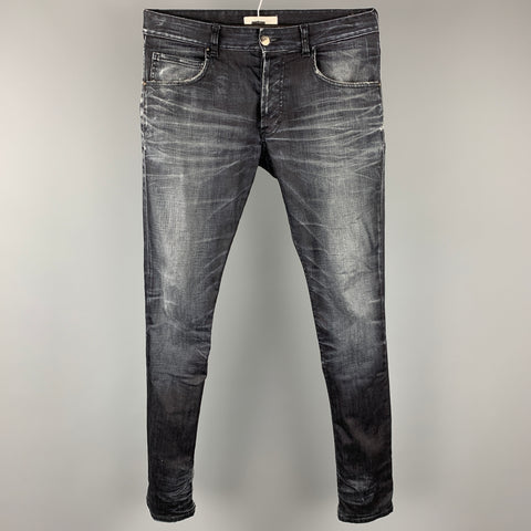 PIERRE BALMAIN Talla 32 Vaqueros con bragueta de botones de algodón desgastado índigo