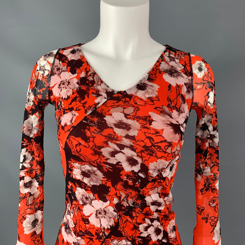 JEAN PAUL GAULTIER SOLEIL Size S Orange & White Nylon Floral V-Neck Blouse