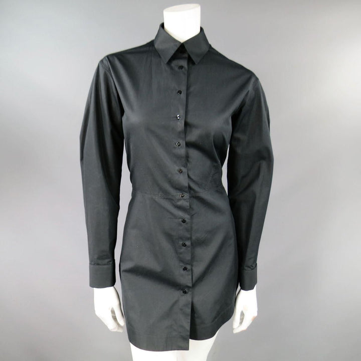 ALAIA Size US 10 Black Cotton Gathered Back Skirt Collared Shirt Dress