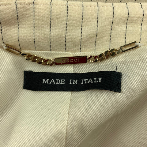 GUCCI Size 6 Cream &  Navy Pinstripe Wool Peak Lapel Wide Leg Pants Suit