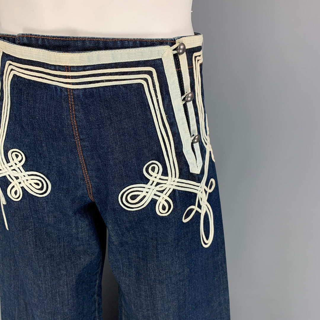 JEAN PAUL GAULTIER Jeans Size 32 Blue White Embroidery Cotton Nautical Wide Leg Jeans