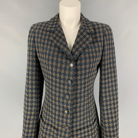 Vintage CHANEL Size 6 Navy Cream Wool Blend Checkered Jacket