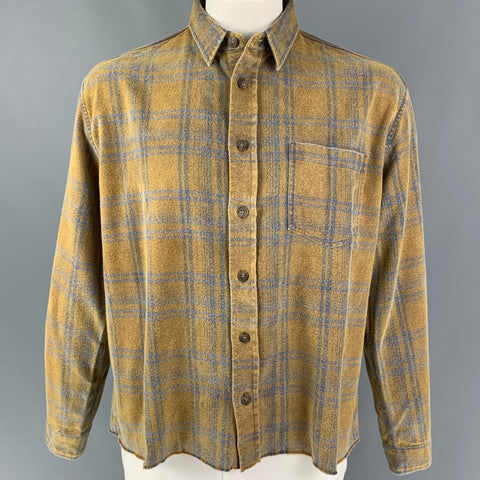 JOHN ELLIOTT Size L Mustard Blue Plaid Brushed Cotton Cropped Long Sleeve Shirt