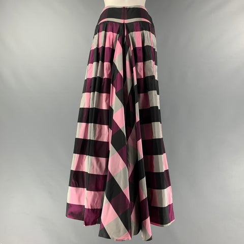 BALMAIN Size 6 Pink, Purple, Black & Grey Silk Checkered Pleated Long Skirt