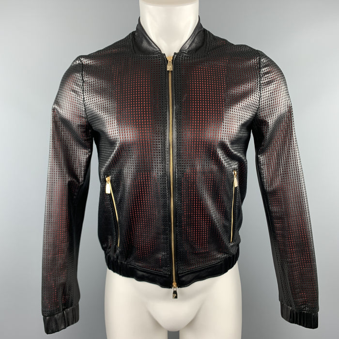 VERSACE COLLECTION Size 34 Black Perforated Leather Medusa Zip Up Jacket