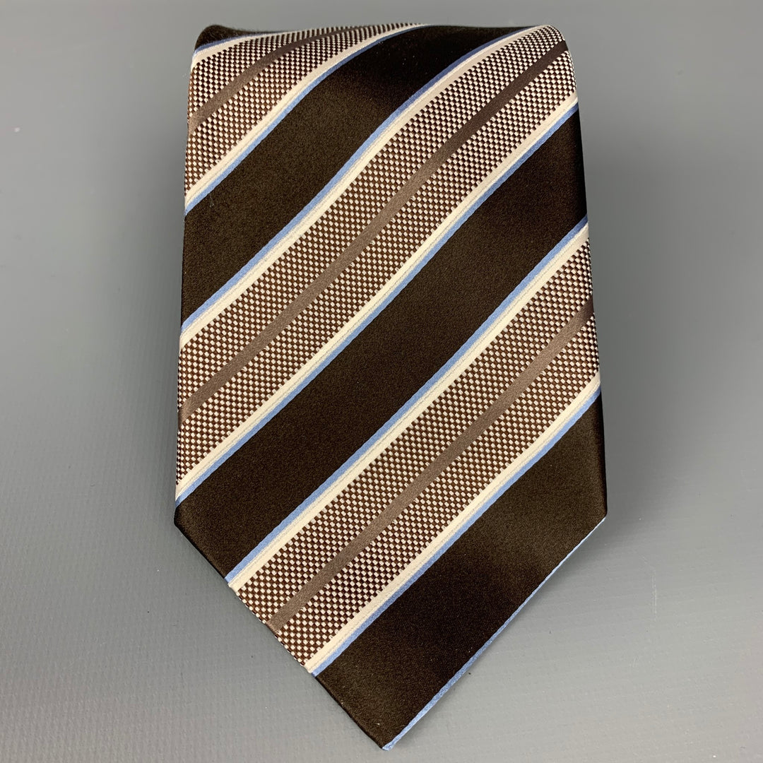 ERMENEGILDO ZEGNA Brown & White Stripe Silk Tie