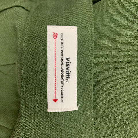 VISVIM Talla L Pantalones Alda de mezcla de lino verde oliva con cremallera y bragueta