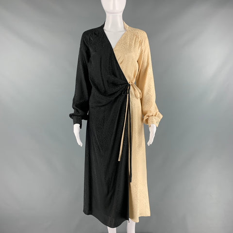 ART DEALER Taille XS Beige Noir Soie Jacquard Animal Wrap Robe Longue