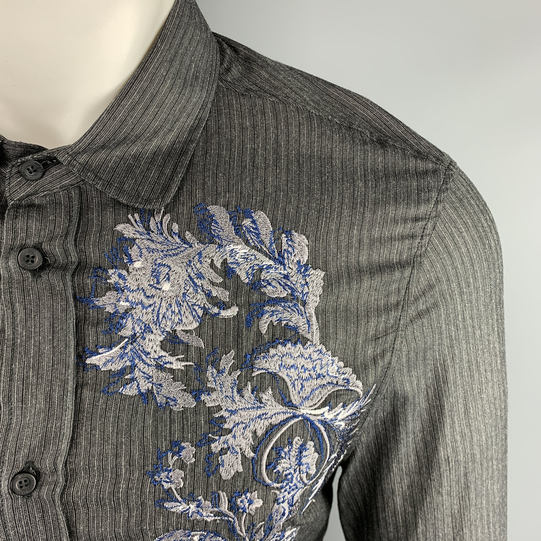 JUST CAVALLI Size S Embroidery Charcoal Striped Viscose Blend Long Sleeve Shirt