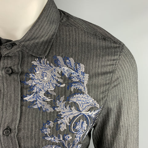 JUST CAVALLI Taille S Chemise à manches longues en mélange de viscose rayée charbon de bois brodée