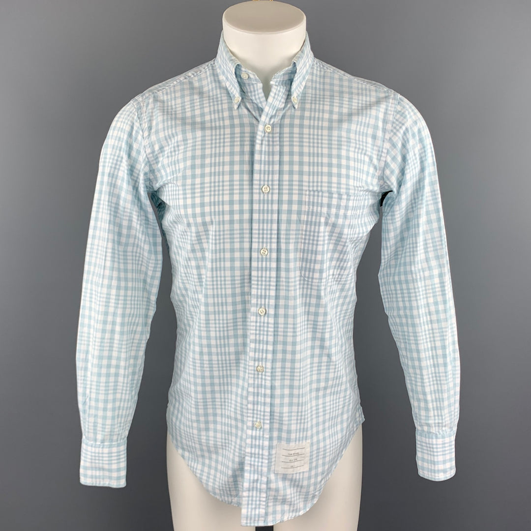 THOM BROWNE Size S White & Light Blue Plaid Cotton Button Down Long Sleeve Shirt