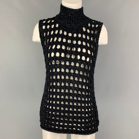 IRO Size M Black Blue Silver Knitted Cotton Blend Mock Neck Vest