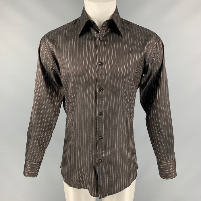 YVES SAINT LAURENT Size M Brown &  White Contrast Stitch Long Sleeve Shirt