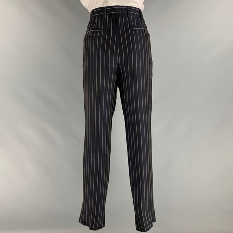 PRADA Size 34 Navy Cream Pinstripe Viscose Linen Pleated Suit