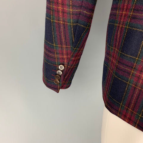 CANTARELLI Size 36 Burgundy & Navy Plaid Virgin Wool Blend Sport Coat