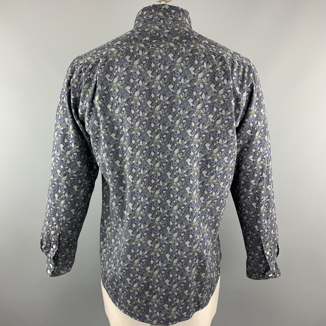 HARTFORD Size L Navy & Grey Floral Cotton Button Up Long Sleeve Shirt