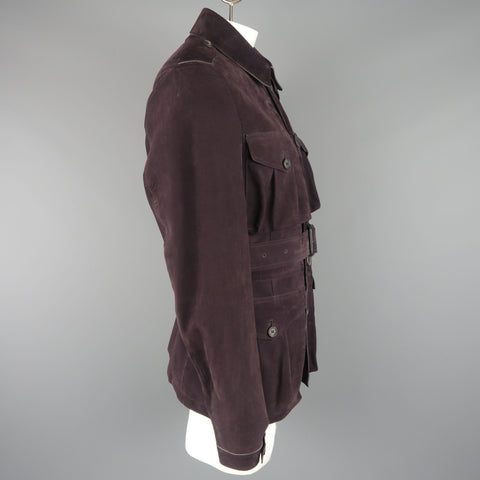 BURBERRY PRORSUM Printemps 2015 42 Veste ceinturée en daim violet aubergine avec poches plaquées