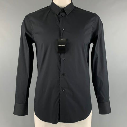 EMPORIO ARMANI Size L Black Solid Cotton Polyamide Button Up Long Sleeve Shirt