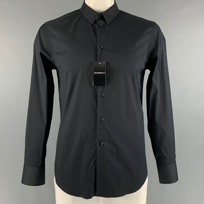 EMPORIO ARMANI Size L Black Solid Cotton Polyamide Button Up Long Sleeve Shirt