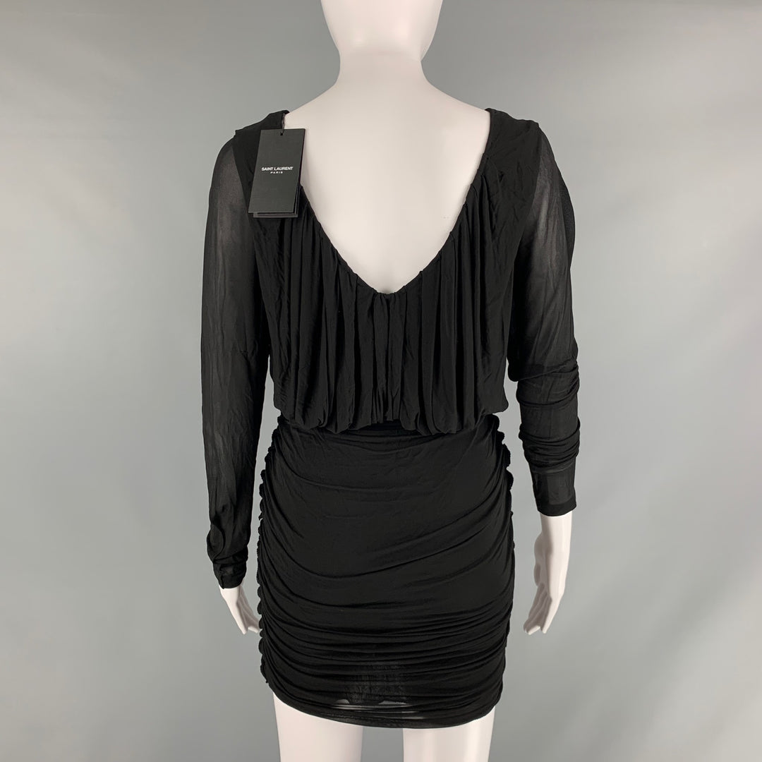 SAINT LAURENT Size 2 Black Cupro Ruched Long Sleeve Mini Cocktail Dress