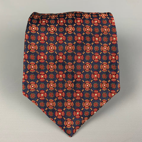 SULKA Corbata de seda estampada roja azul marino
