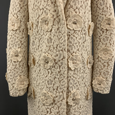 CHLOE Size 4 Cream Lace Faux Pearl Flower Notch Lapel Evening Coat