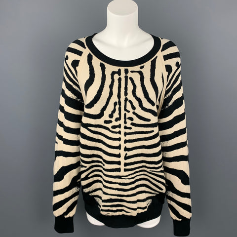 ALC Talla L Suéter tipo jersey con cuello redondo y estampado de cebra en negro y beige