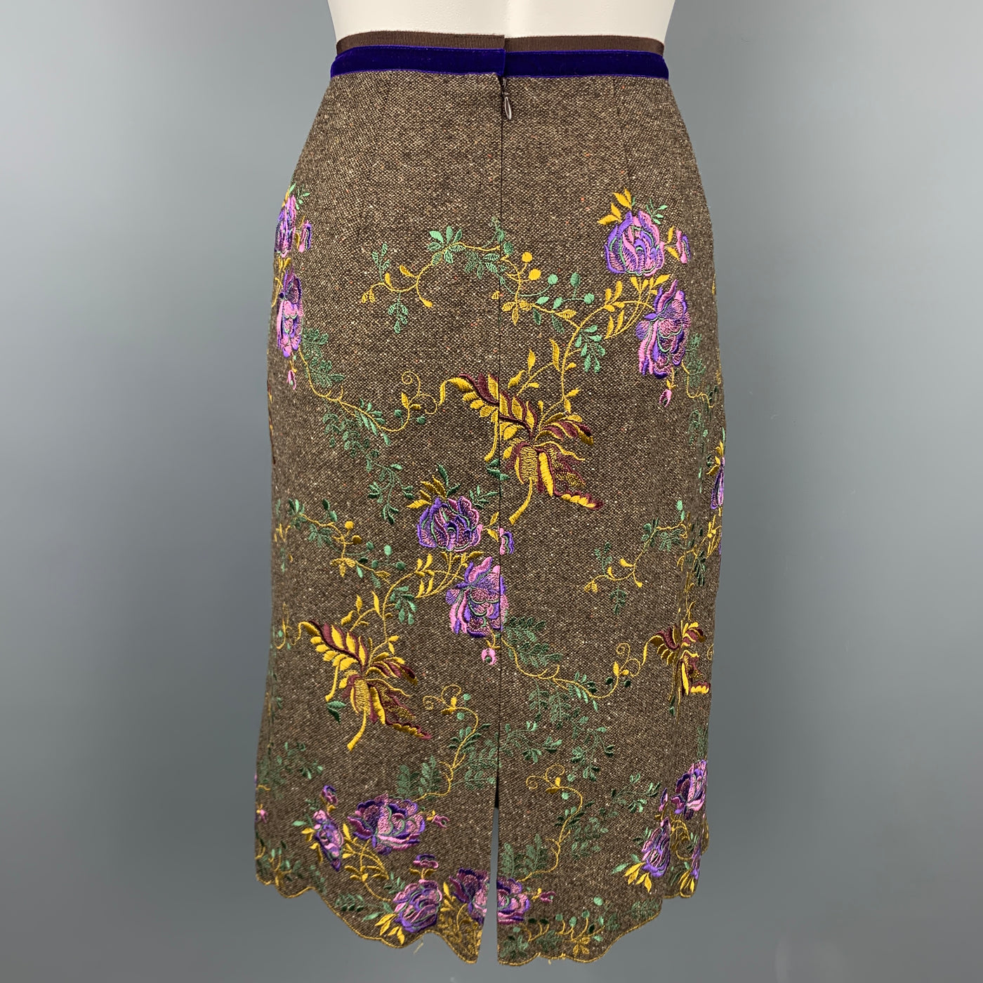 ETRO Size 10 Brown Tweed Embroidered Wool A-Line Skirt