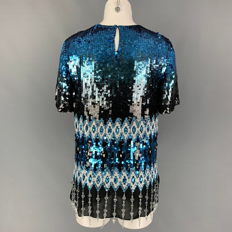 PRABAL GURUNG Size XS Blue Black Embroidered Silk Sequined Short Sleeve Dress Top