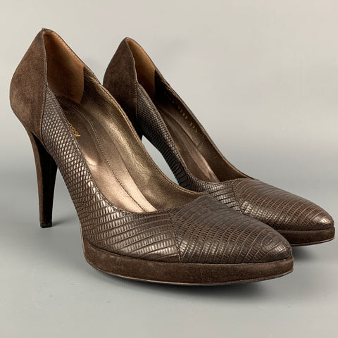 SERGIO ROSSI Size 9.5 Brown Leather Embossed Suede Platform Pumps