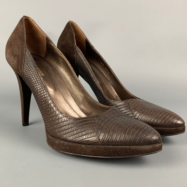 SERGIO ROSSI Size 9.5 Brown Leather Embossed Suede Platform Pumps