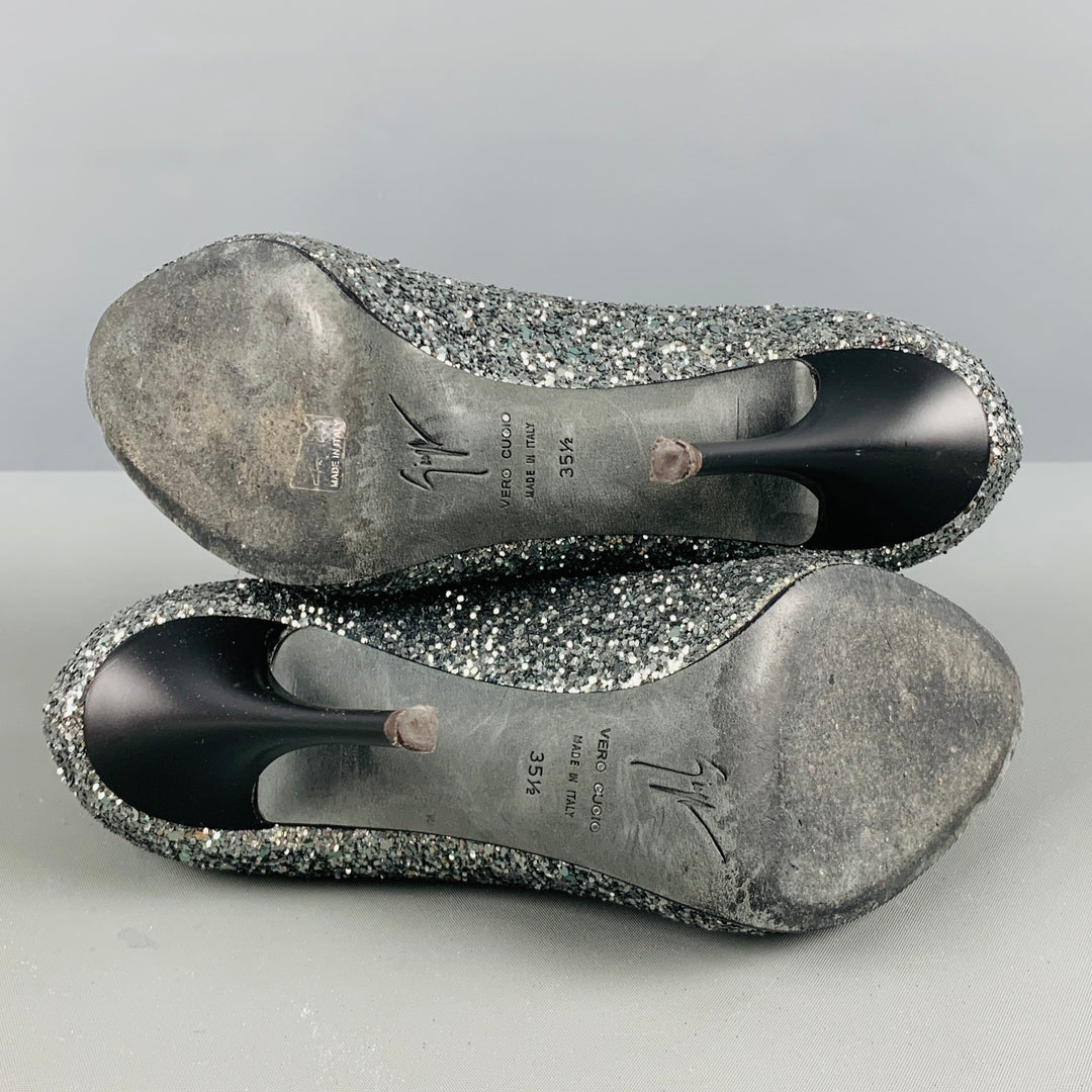 GIUSEPPE ZANOTTI Size 5.5 Silver Glitter Peep Toe Pumps