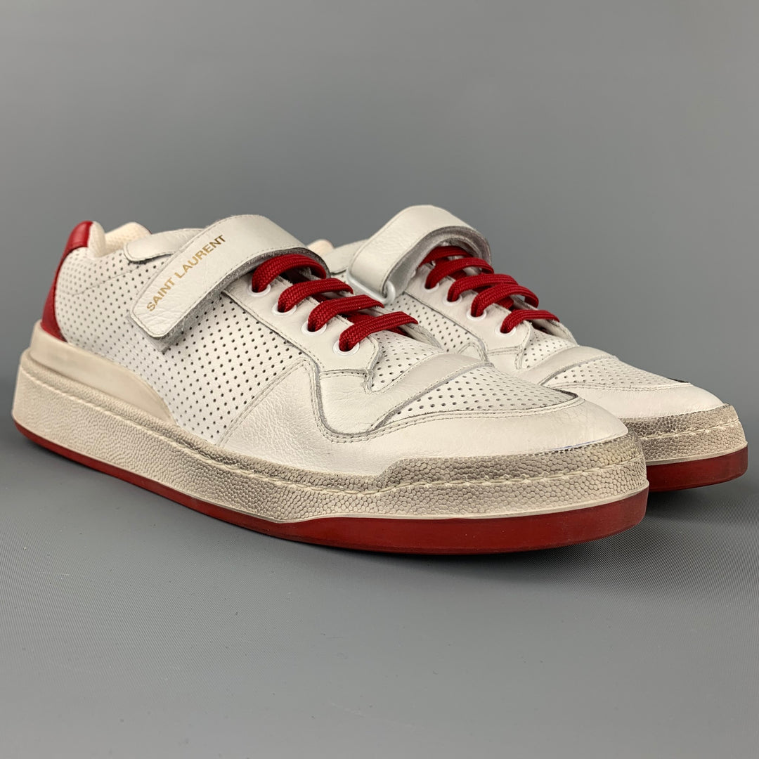 SAINT LAURENT Size 9 White & Red Perforated Leather Low Top Sneakers