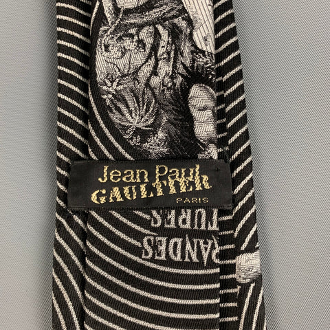 JEAN PAUL GAULTIER Black White Tapestry Silk Les Grandes Aventures Tie
