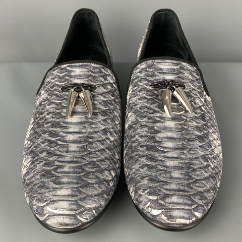 GIUSEPPE ZANOTTI Size 14 Grey Silver Snake Print Leather Slip On Loafers