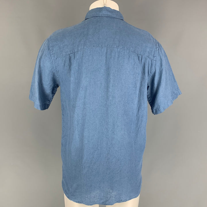BRANDINI Size S Blue Linen Short Sleeve Shirt