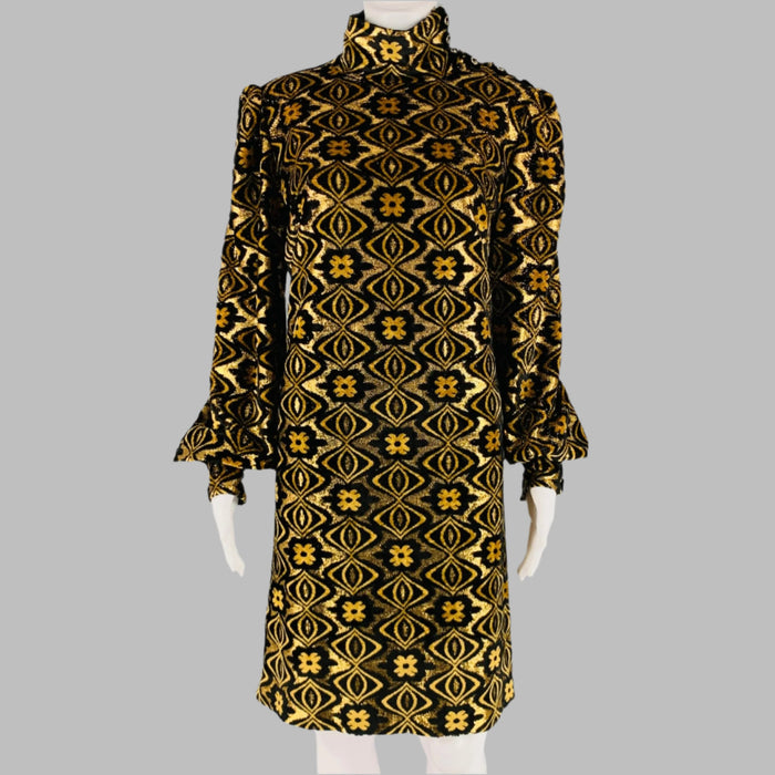 GUCCI Size XL Black Gold Viscose Blend Long Sleeve Cocktail Dress