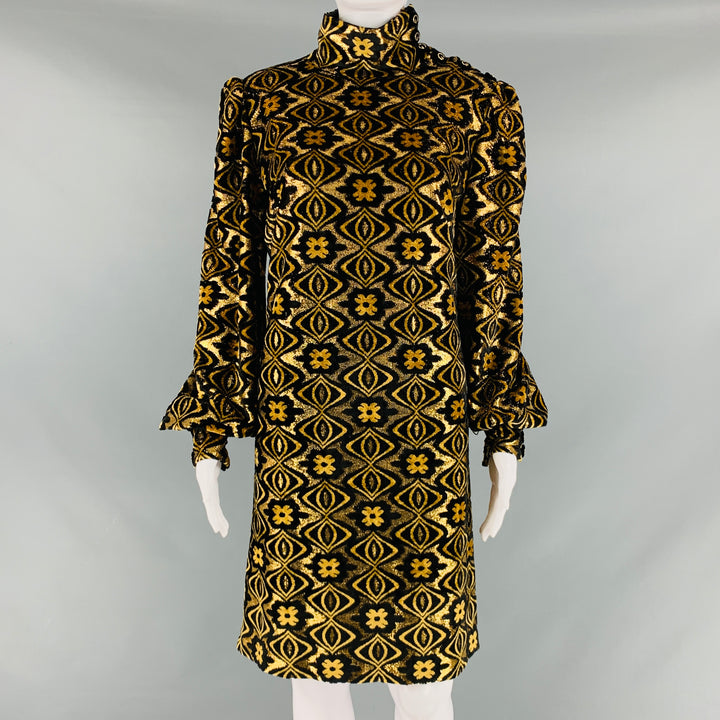 GUCCI Size XL Black Gold Viscose Blend Long Sleeve Cocktail Dress