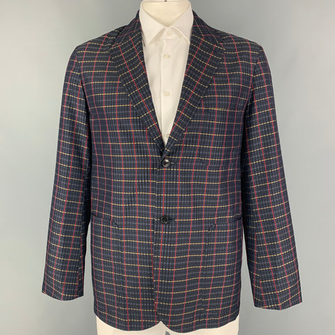 TOMORROWLAND Size 42 Navy Red Plaid Silk Notch Lapel Sport Coat