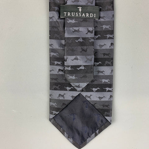 TRUSSARDI Black & Grey "Dogs" Striped Silk Tie