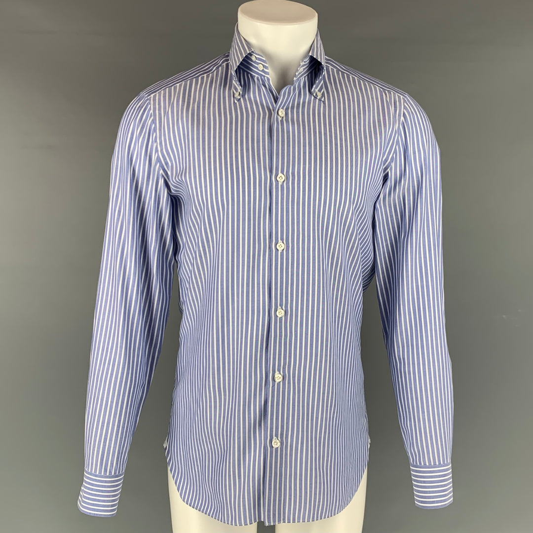 LUIGI BORRELLI Size M Blue & White Stripe Cotton Button Down Long Sleeve Shirt